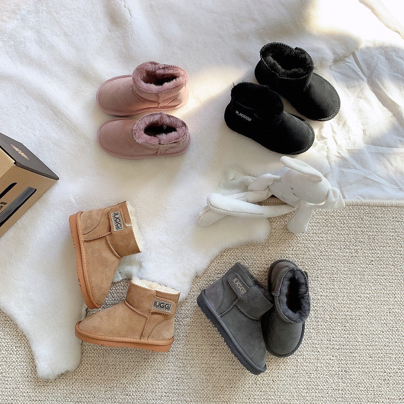 2024 Winter Kids Sheepskin Snow Boots – Shearling‑Lined Velcro, Anti‑Slip Rubber Sole